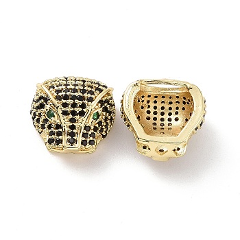 Brass Micro Pave Cubic Zirconia Beads, Leopard Head, Real 18K Gold Plated, 12.5x13.5x8mm, Hole: 1.8mm & 4x8mm