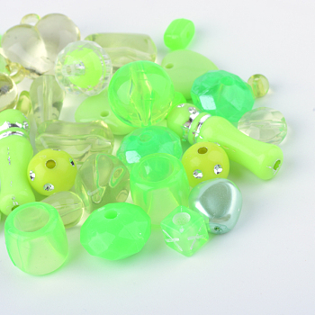 Acrylic Beads, Mixed Shapes, Lawn Green, 5.5~28x6~20x3~11mm, Hole: 1~5mm