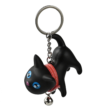 Resin Keychains, with PU Leather Decor and Alloy Split Rings, Cat Shape, Black, 9cm