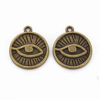 Tibetan Style Alloy Pendants, Cadmium Free & Lead Free, Flat Round with Eye, Antique Bronze, 19x22x2mm, Hole: 2mm
