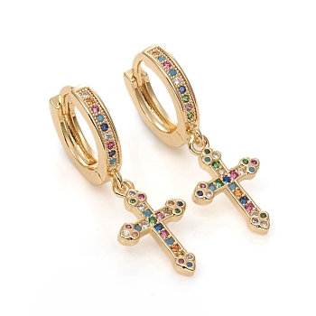 Brass Micro Pave Cubic Zirconia Huggie Hoop Earrings, Long-Lasting Plated, Cross, Colorful, Golden, 33mm, Pin: 1mm