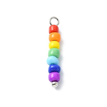 7 Color Chakra Coloful Glass Seed Beaded Pendants, with Brass Loops, Platinum, 20~21x3mm, Hole: 1.8mm