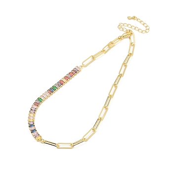 Colorful Cubic Zirconia & Paperclip Chain Necklace for Girl Women Gift, with Rack Plating Brass Chain Extender & Lobster Claw Clasps, Lead Free & Cadmium Free, Real 18K Gold Plated, 13-5/8~13-3/4 inch(34.6~34.8cm)