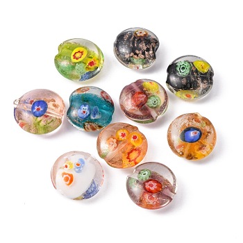 Handmade Gold Sand Lampwork Beads, with Millefiori Glass, Flat Round, Mixed Color, 20x10mm, Hole: 1.5mm
