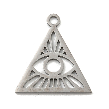 304 Stainless Steel Pendants, Laser Cut, Triangle with Eye Charm, Stainless Steel Color, 24x23x1mm, Hole: 2.5mm