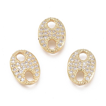 Brass Micro Pave Clear Cubic Zirconia Links, Oval, Clear, Real 18K Gold Plated, 10.5x7.5x2mm, Hole: 2mm