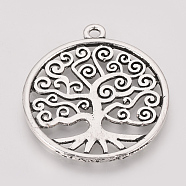 Tibetan Style Alloy Pendants, Flat Round with Tree, Cadmium Free & Nickel Free & Lead Free, Antique Silver, 37x33x2mm, Hole: 2mm, about 150pcs/1000g(TIBE-T011-49AS-FF)