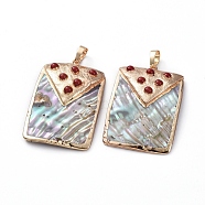 Electroplated Paua Shell Pendants, with Brass Findings and Pearl Beads, Rectangle, Red, 44x30x6mm, Hole: 6.8x5mm(X-BSHE-G024-06B)