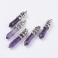 Natural Amethyst Big Pointed Pendants, with Alloy Findings, Faceted, Bullet, Platinum, 59~63x11~12mm, Hole: 4x7mm(G-G738-A-19)