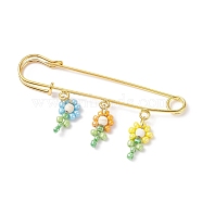 Glass Seed & Synthetic Turquoise Braided Flower of Life Charms Safety Pin Brooch, Gold Plated Iron Brooch Pin for Backpack Clothes, Colorful, 75mm(JEWB-BR00078)