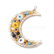 Glass & Lampwork Big Pendants, Moon & Evil Eye & Flower Charms, Colorful, 56x47.5x3.5mm, Hole: 2mm(PALLOY-MZ00189)