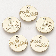 Eco-Friendly Alloy Pendants, Flat Round with Word Love Bullet, Light Gold, 17x1.5mm, Hole: 2mm(X-PALLOY-R110-46)