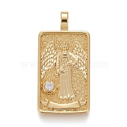 Brass Micro Pave Clear Cubic Zirconia Pendants, Real 18K Gold Plated, Tarot Card Charms, Temperance, Temperance XIV, 30x15x4mm, Hole: 3~4mm(ZIRC-Z004-01A)