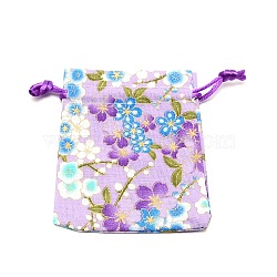 Cotton and Linen Cloth Packing Pouches, Drawstring Bag, Rectangle with Sakura Pattern, Lilac, 10x8x0.25cm(ABAG-WH0028-05A-02)