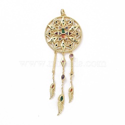 Brass Micro Pave Cubic Zirconia Pendants, Real 18K Gold Plated, Woven Net/Web with Feather Charms, Colorful, 110x40x3mm, Hole: 4x3mm(KK-E068-VF023)