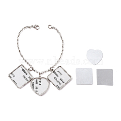 Sublimation Blank Bracelet Making, with Pendants, Iron Rolo Chain, Lobster Claw Clasp and 3Pcs Zinc Alloy Cabochons, Square & Heart, Platinum, 8-1/8 inch(20.5cm), 3x0.5mm(DIY-WH0325-95P)