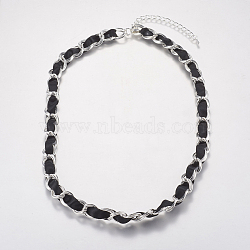 Iron Double Link Chain Necklaces, with Ribbon, Alloy Lobster Claw Clasps and Iron End Chains, Black, Silver, 20inches(NJEW-J023-14S)