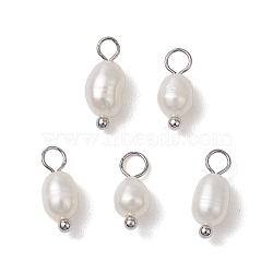 Natural Freshwater Pearl Potato Charms, with Brass Loops, Platinum, 13x4.5mm, Hole: 2mm(PALLOY-JF03202-02)