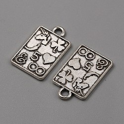 Tibetan Style Alloy Pendants, Rectangle with Playing Cards Charms, Antique Silver, 19x11.5x1mm, Hole: 2mm(FIND-CJC0012-074)