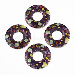 Printed Wood Pendants, Donut with Plant Pattern, Coconut Brown, 45x5mm, Hole: 1.6mm(WOOD-S045-104B)