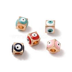 Alloy Enamel European Beads, Large Hole Beads, Light Gold, Cube with Evil Eye, Mixed Color, 8x10.5x10.5mm, Hole: 4.3mm(ENAM-D049-02KCG)
