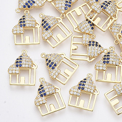Brass Micro Pave Cubic Zirconia Pendants, Nickel Free, House, Clear & Blue, Real 18K Gold Plated, 15.5x12x3mm, Hole: 0.7mm(KK-Q761-41G-NF)