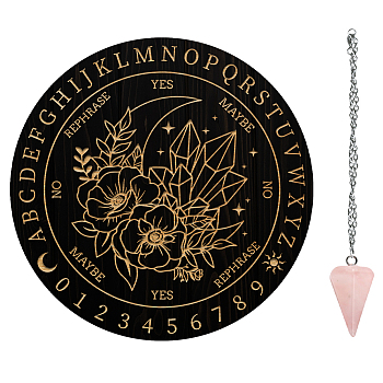 AHADEMAKER 1Pc Wood Pendulum Board, 1Pc 304 Stainless Steel Cable Chain Necklaces, 1Pc Natural Rose Quartz Stone Pendants, for Witchcraft Wiccan Altar Supplies, Diamond, Board: 200x4mm