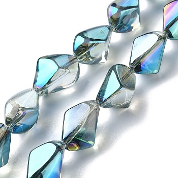 Electroplate Transparent Glass Beads Strands, Rainbow Plated, Nuggets, Cadet Blue, 22x12.5x15mm, Hole: 1.4mm, about 30pcs/strand, 25.20''(64cm)