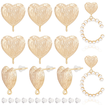 12Pcs Brass Stud Earring Findings, with Vertical Loops, Heart, with 30Pcs Plastic Ear Nuts, Real 18K Gold Plated, 16x13.5mm, Hole: 1.2mm, Pin: 0.8mm
