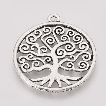 Tibetan Style Alloy Pendants, Flat Round with Tree, Cadmium Free & Nickel Free & Lead Free, Antique Silver, 37x33x2mm, Hole: 2mm, about 150pcs/1000g