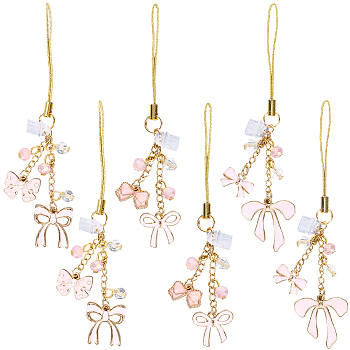 6Pcs 3 Styles Alloy Enamel & Glass Beads Mobile Straps, Bowknot, Pink, 10.8~11.5cm, 2pcs/style