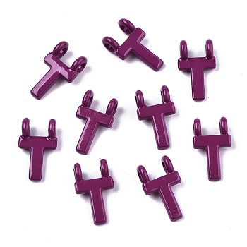 Spray Painted Alloy  2-Loop Link Pendants, Cadmium Free & Lead Free, Letter, Letter.T, 13.5x8x1.5mm, Hole: 2mm