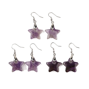 Natutal Amethyst Dangle Earrings, with Rack Plating Brass Earring Hooks, Lead Free & Cadmium Free, Star, 44x22.5mm