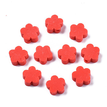 Handmade Polymer Clay Beads, Flower, Red, 9.5~10x10x3.5~4.5mm, Hole: 1.6mm