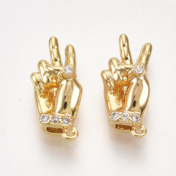 Brass Charms, for DIY Jewelry Making, with Cubic Zirconia, Hand, Clear, Nickel Free, Real 18K Gold Plated, 13x6x4mm, Hole: 0.6mm