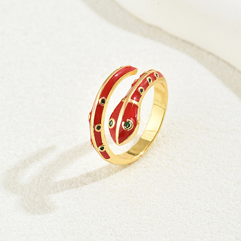 Brass Cubic Zirconia Snake Rings for Women, Enamel Cuff Rings, Red, Inner Diameter: 16~18mm