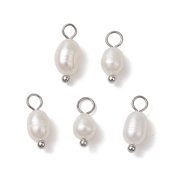 Natural Freshwater Pearl Potato Charms, with Brass Loops, Platinum, 13x4.5mm, Hole: 2mm