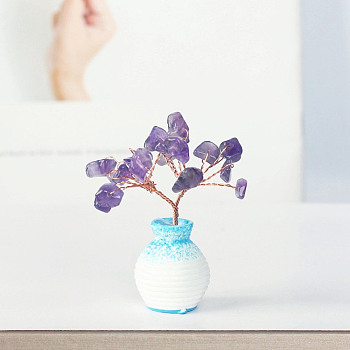 Resin Vase with Natural Amethyst Chips Tree Ornaments, for Home Car Desk Display Decorations, 40x60mm