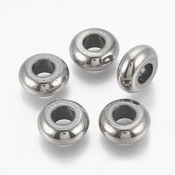 Electroplated Non-magnetic Synthetic Hematite Beads, Large Hole Beads, Rondelle, Platinum Plated, 14x6mm, Hole: 6mm