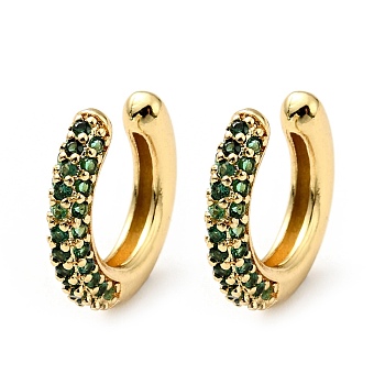 Cubic Zirconia C-Shaped Cuff Earrings, Gold Plated Brass Jewelry for Non-pierced Ears, Cadmium Free & Lead Free, Green, 14x15x3mm