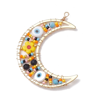 Glass & Lampwork Big Pendants, Moon & Evil Eye & Flower Charms, Colorful, 56x47.5x3.5mm, Hole: 2mm