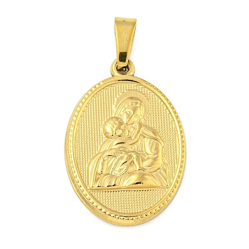 Ion Plating(IP) 304 Stainless Steel Pendants, Religious Theme Charm, Oval with Virgin Mary, Golden, 25x16x2.5mm, Hole: 5x3mm