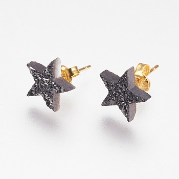 Electroplate Natural Druzy Agate Stud Earrings, with Brass Findings, Star, Black Plated, 10x11x3mm, Pin: 0.8mm