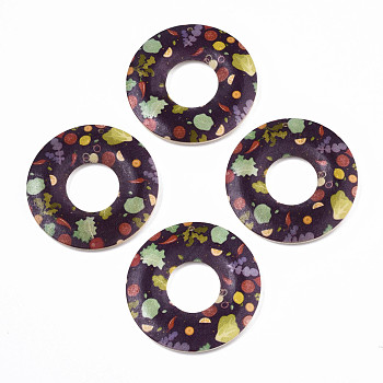 Printed Wood Pendants, Donut with Plant Pattern, Coconut Brown, 45x5mm, Hole: 1.6mm