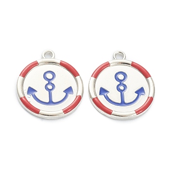 Baking Painted Alloy Enamel Pendants, for DIY Accessories, Flat Round with Anchor, Lead Free & Cadmium Free, Gainsboro, 19x16.5x2mm, Hole: 1.6mm