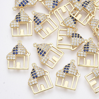 Brass Micro Pave Cubic Zirconia Pendants, Nickel Free, House, Clear & Blue, Real 18K Gold Plated, 15.5x12x3mm, Hole: 0.7mm