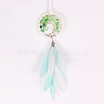 Woven Net/Web with Feather Pendant Decoration, with Fiber, Gemstone Beads & Copper Wire, Flat Round with Tree of Life, Pale Turquoise, 350mm(HJEW-PW0001-033C)