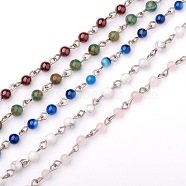 Handmade Gemstone Beads Chains for Necklaces Bracelets Making, with Iron Eye Pin, Unwelded, Platinum, Mixed Stone, 39.3 inch(AJEW-JB00047)