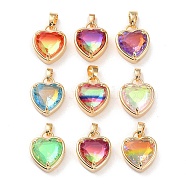 K9 Glass Pendants, with Golden Tone Brass Findings, Faceted, Heart Charms, Mixed Color, 18x15x7.7mm, Hole: 5x3mm(FIND-C036-01G)