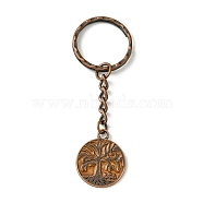 Iron Split Keychains, with Alloy Pendants, Tree of Life Charms,, Red Copper, 7.3cm.(KEYC-JKC00615)